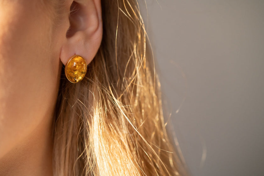 Oval Citrus Amber and Gold Stud Earrings