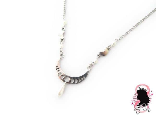 Antique Silver Pearl Moon Necklace