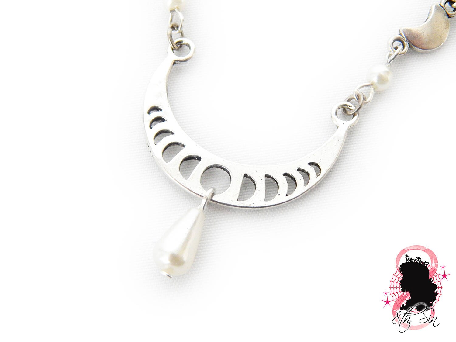 Antique Silver Pearl Moon Necklace