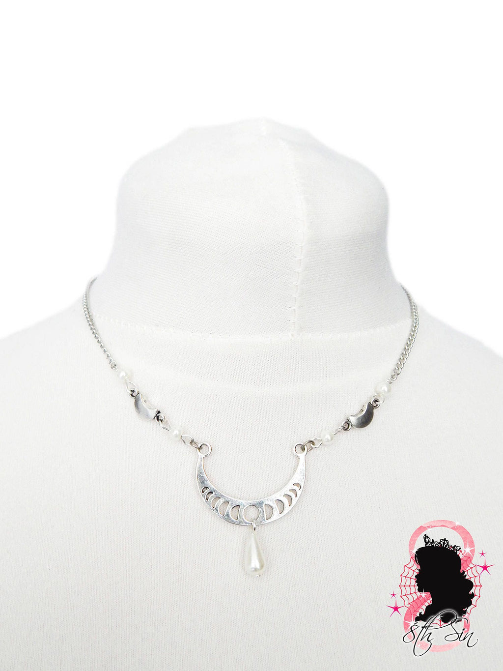 Antique Silver Pearl Moon Necklace