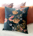 Indigo blue 'Dragonfly' Cushion with pink dragonflies and poppy seed heads