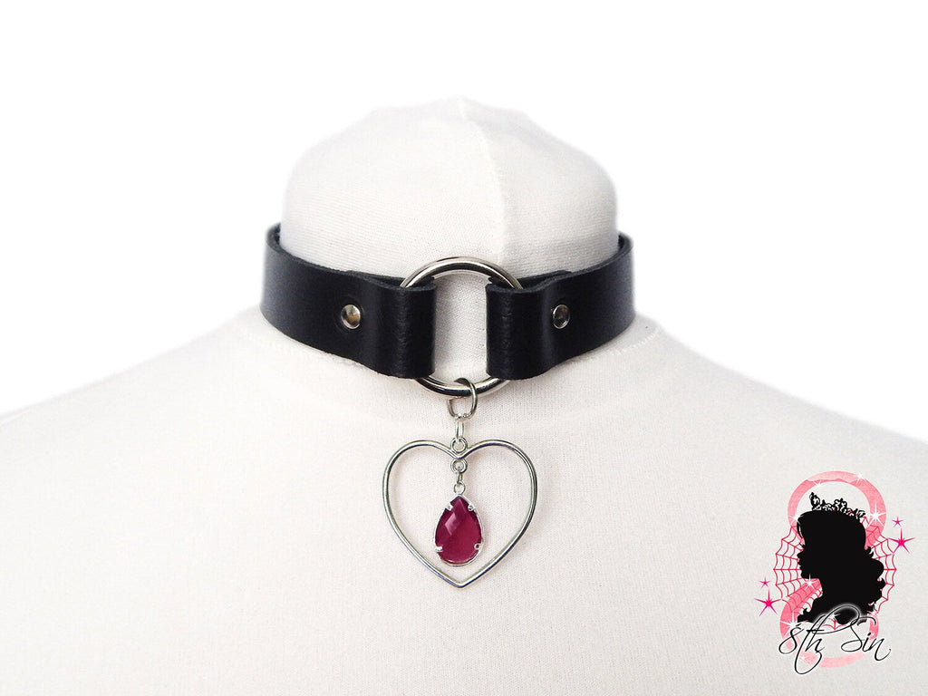 Black O Ring and Amethyst Heart Choker