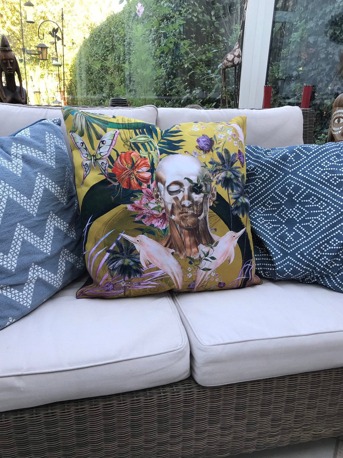 Large Yellow Cushion Watercolour skull design 'Boto Cushion' in Vegan friendly Suede