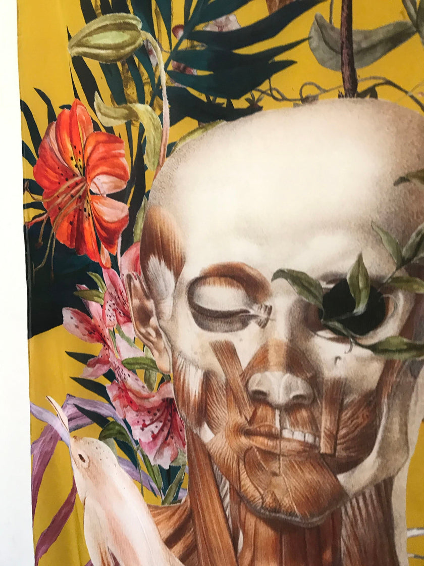 Yellow tropical print Scarf with floral skull design  