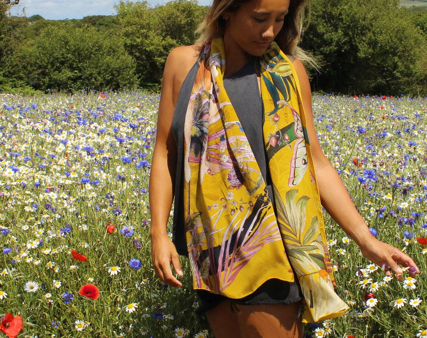 Yellow tropical print Scarf with floral skull design  
