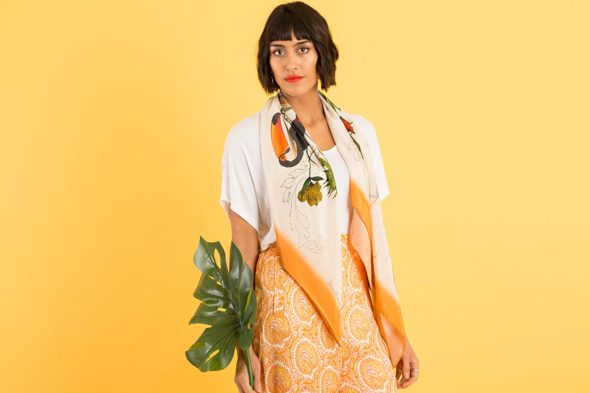Square silk scarf with orange boarder 'Toucan Silk'