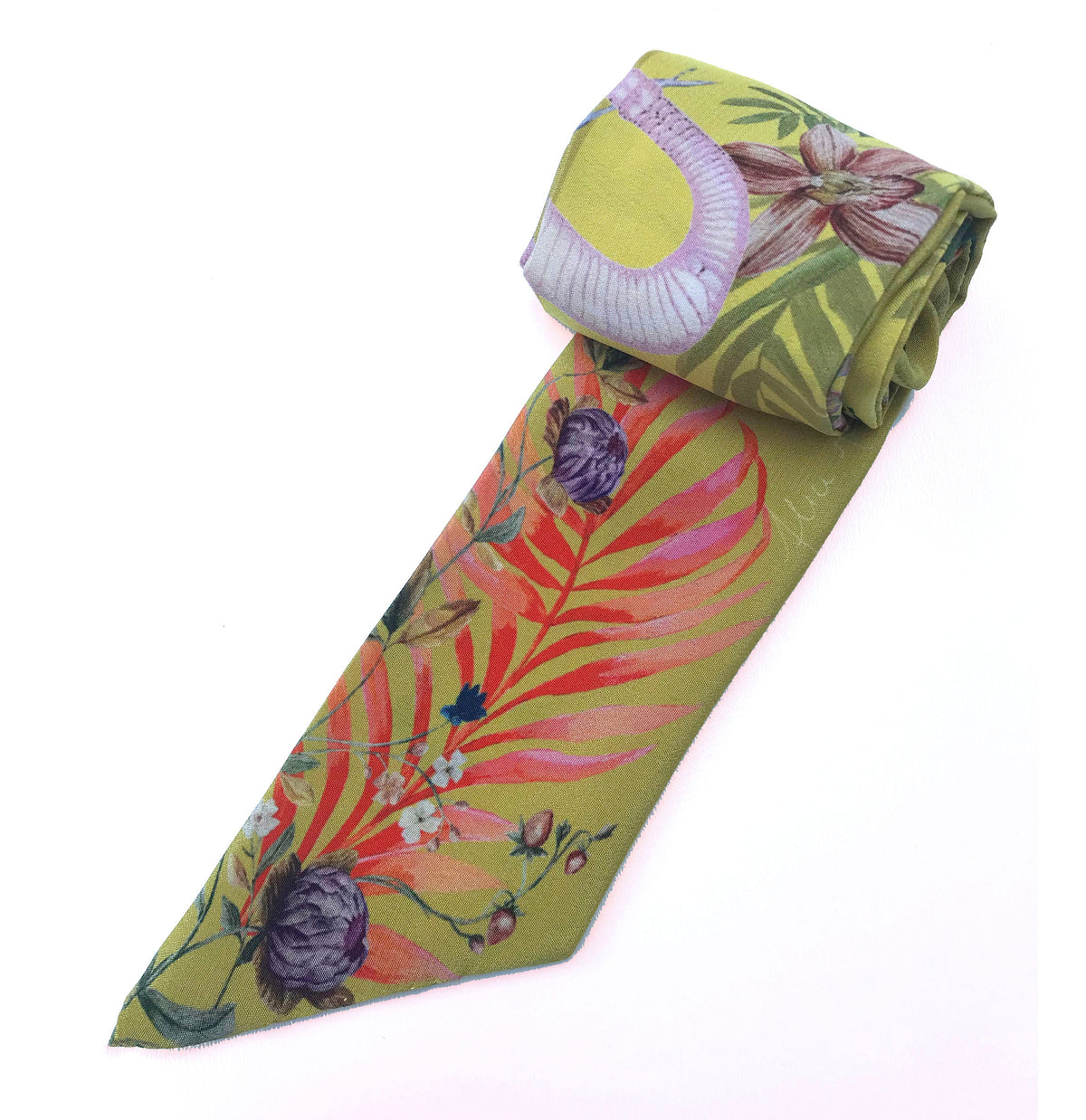 Golden Yellow 'Skinny' Silk scarf in the botanical  'Enticement' Print, delicate, lightweight scarf accessory