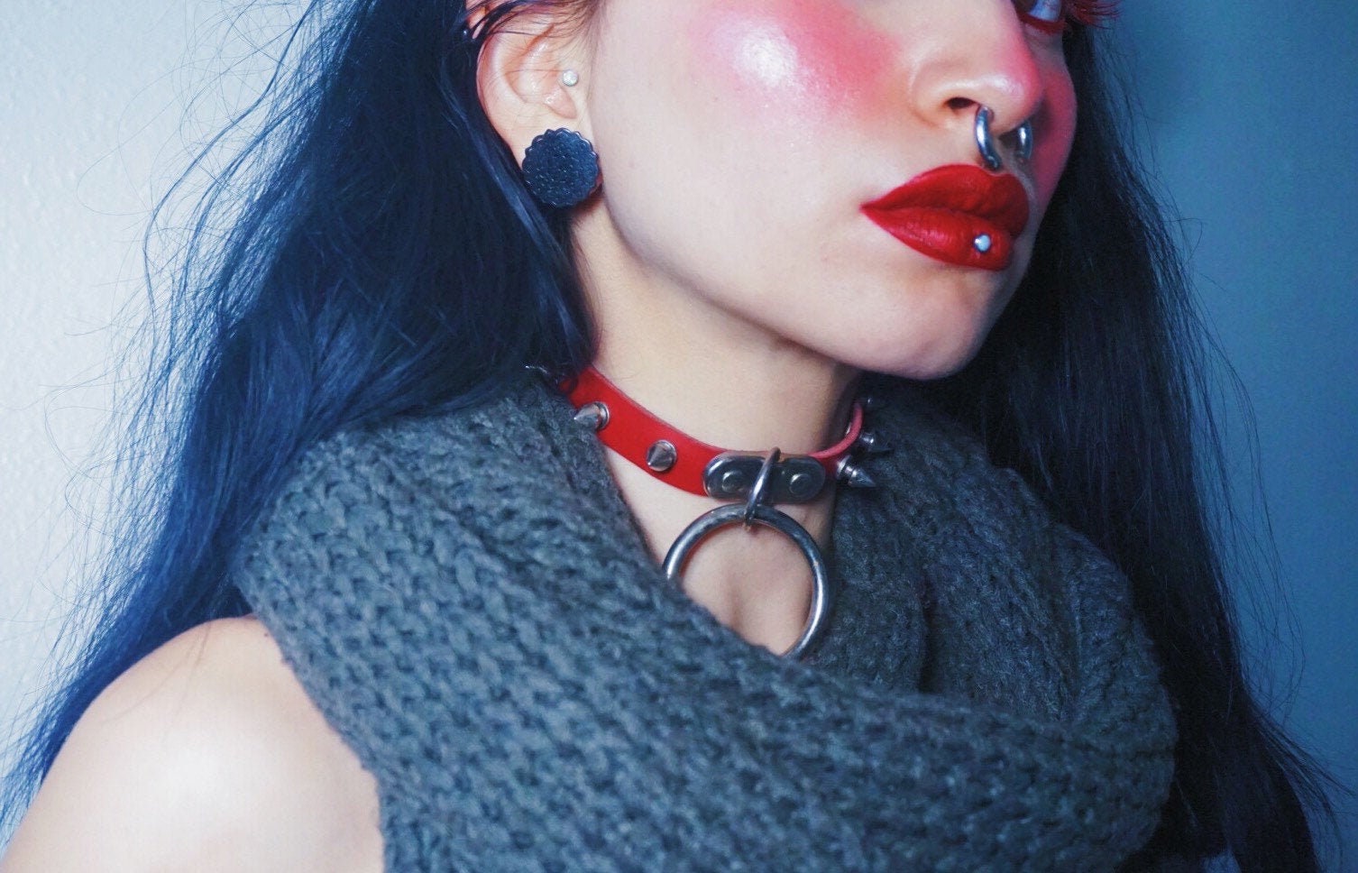 Red Leather Studded D and O Ring Choker
