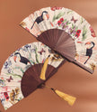 Floral Silk Fan with Toucan design and luxurious Gold tassel, part of the Mysa Collection