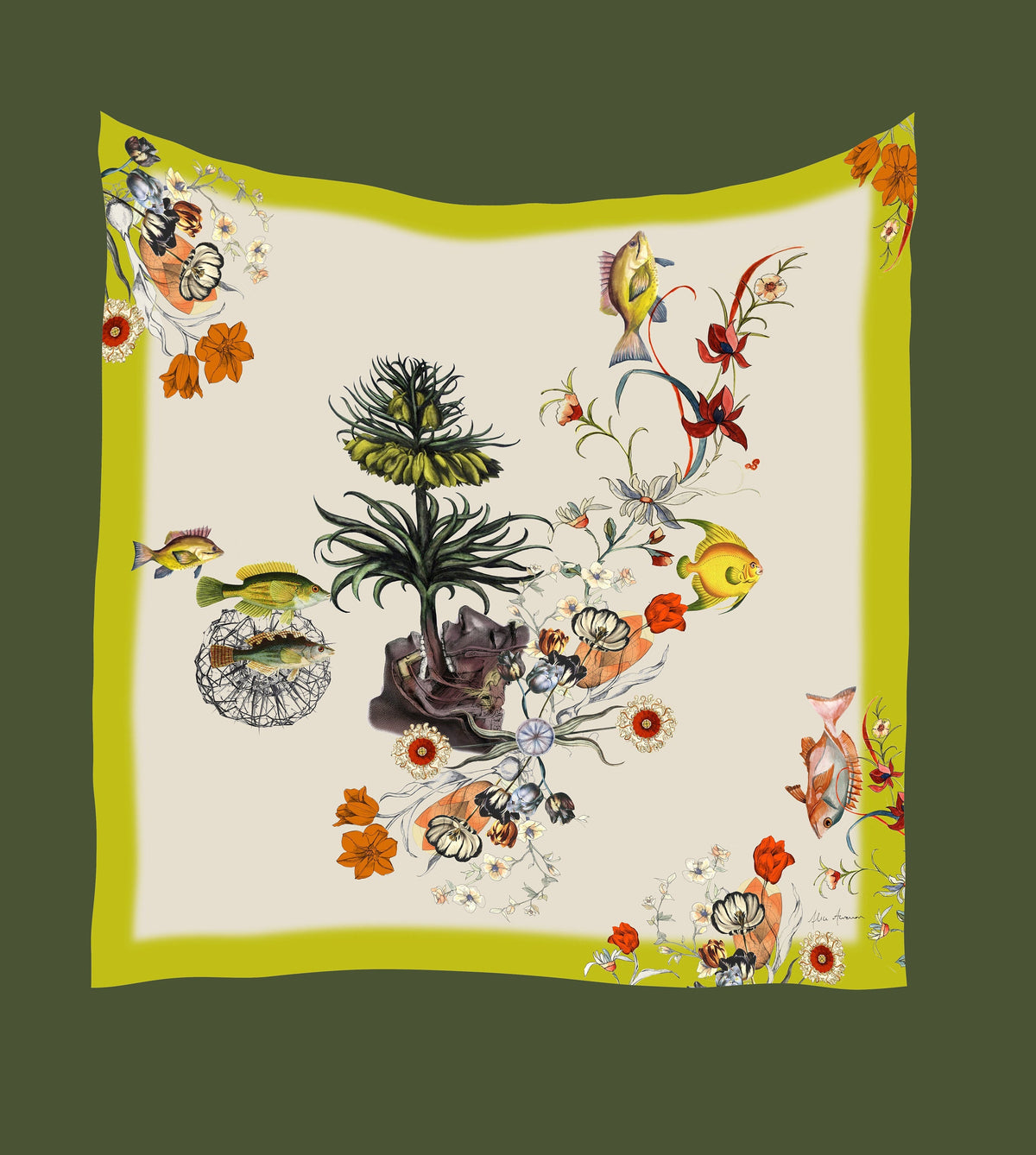 Pañuelo de seda cuadrado grande verde lima, accesorio de lujo con ilustración botánica 'Tropics Silk'