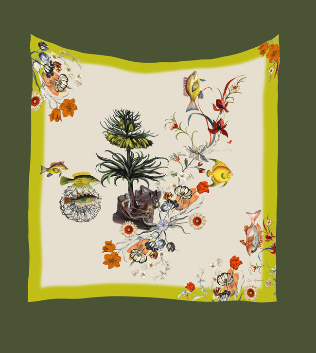 Limoengroene grote vierkante zijden sjaal, 'Tropics Silk' botanische illustratie luxe accessoire
