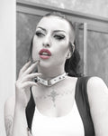 White Leather Studded O Ring Choker