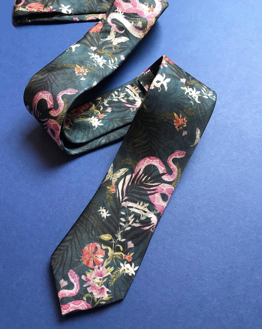 Navy Blue Silk Tie, 'Enticement' Pink Serpent design and tropical flowers