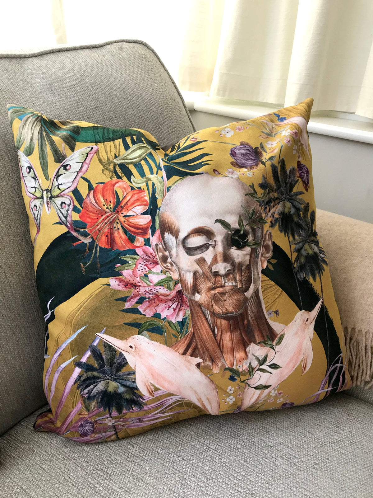 Large Yellow Cushion Watercolour skull design 'Boto Cushion' in Vegan friendly Suede