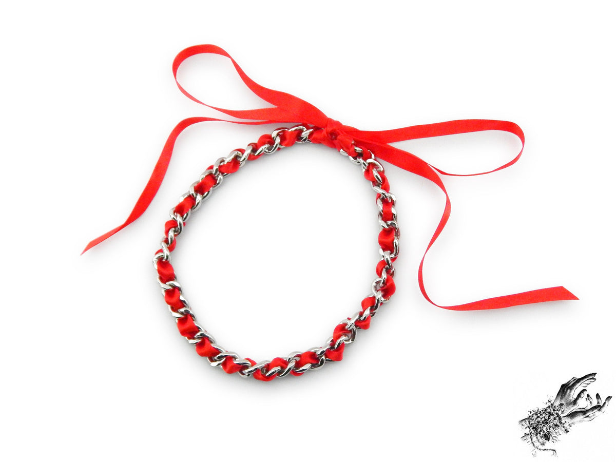 Red Ribbon Chain and Heart Padlock Choker