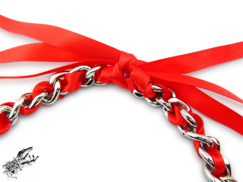 Red Ribbon Chain and Heart Padlock Choker