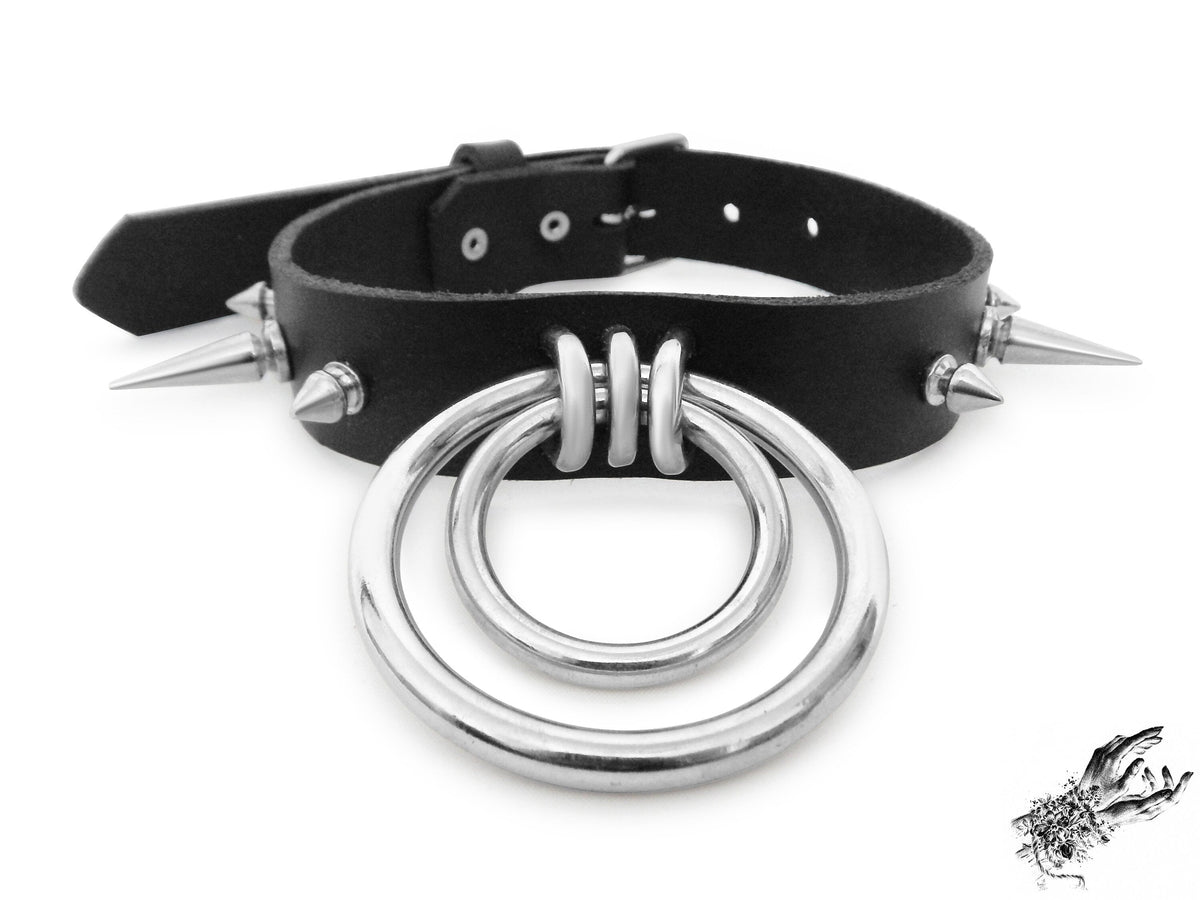 Black Studded Double O Ring Choker (Long and Short Spikes)