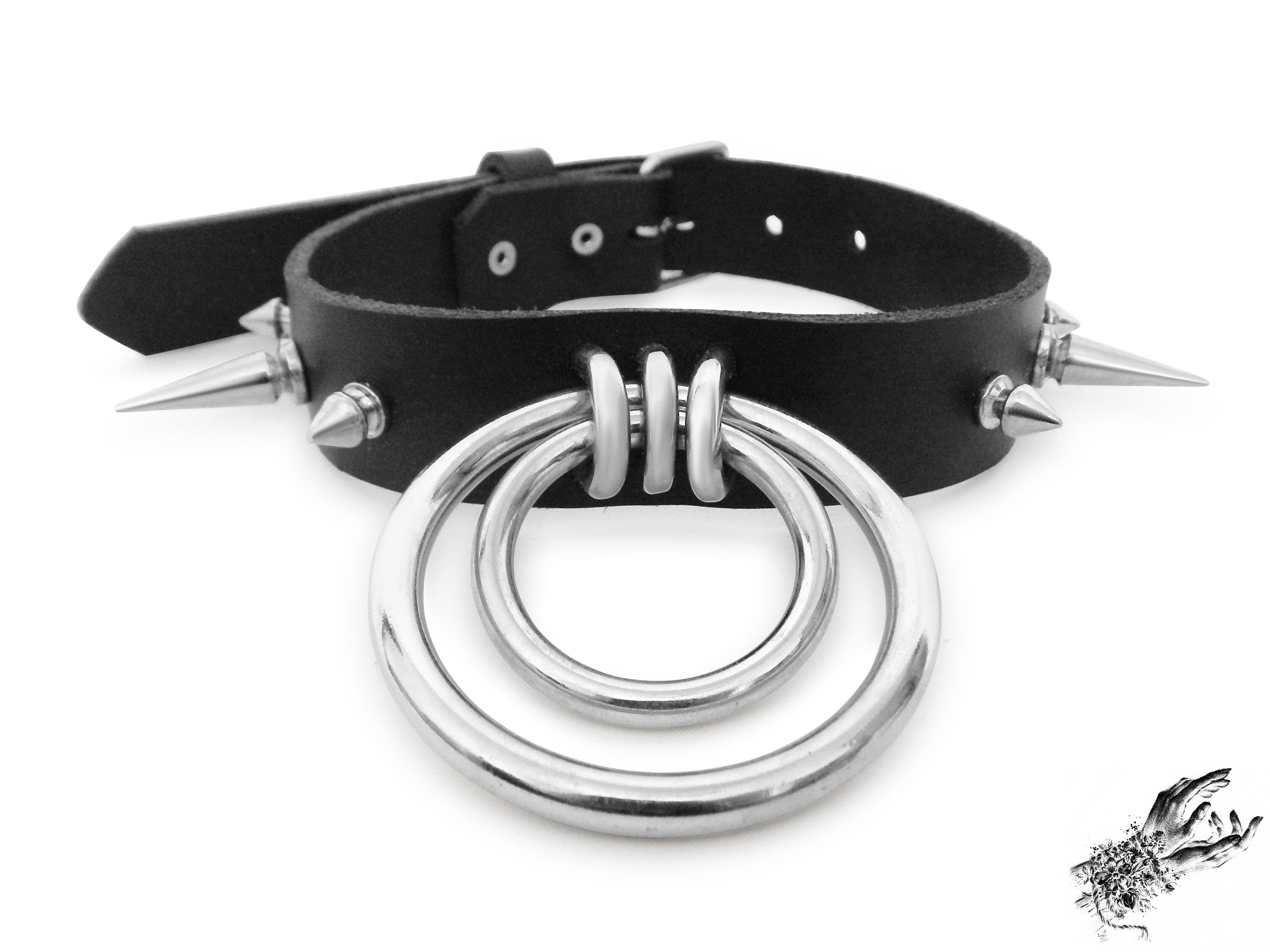 Black Studded Double O Ring Choker (Long and Short Spikes)