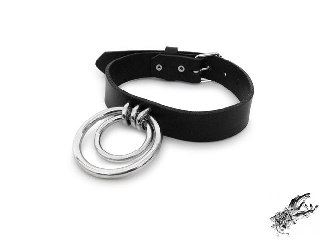 Black Leather Double O Ring Choker