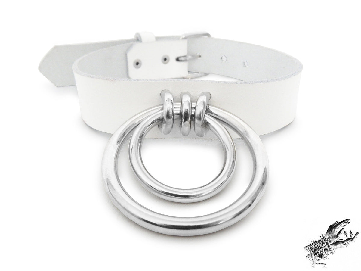 White Leather Double O Ring Choker