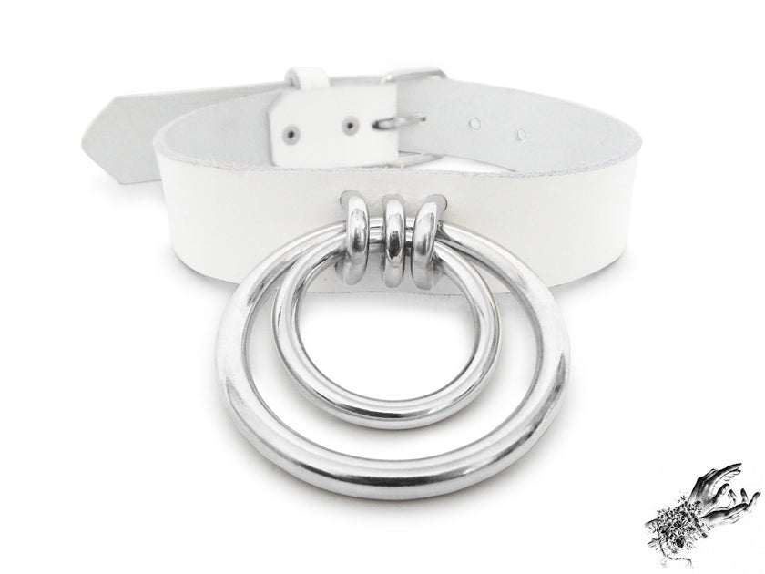White Leather Double O Ring Choker