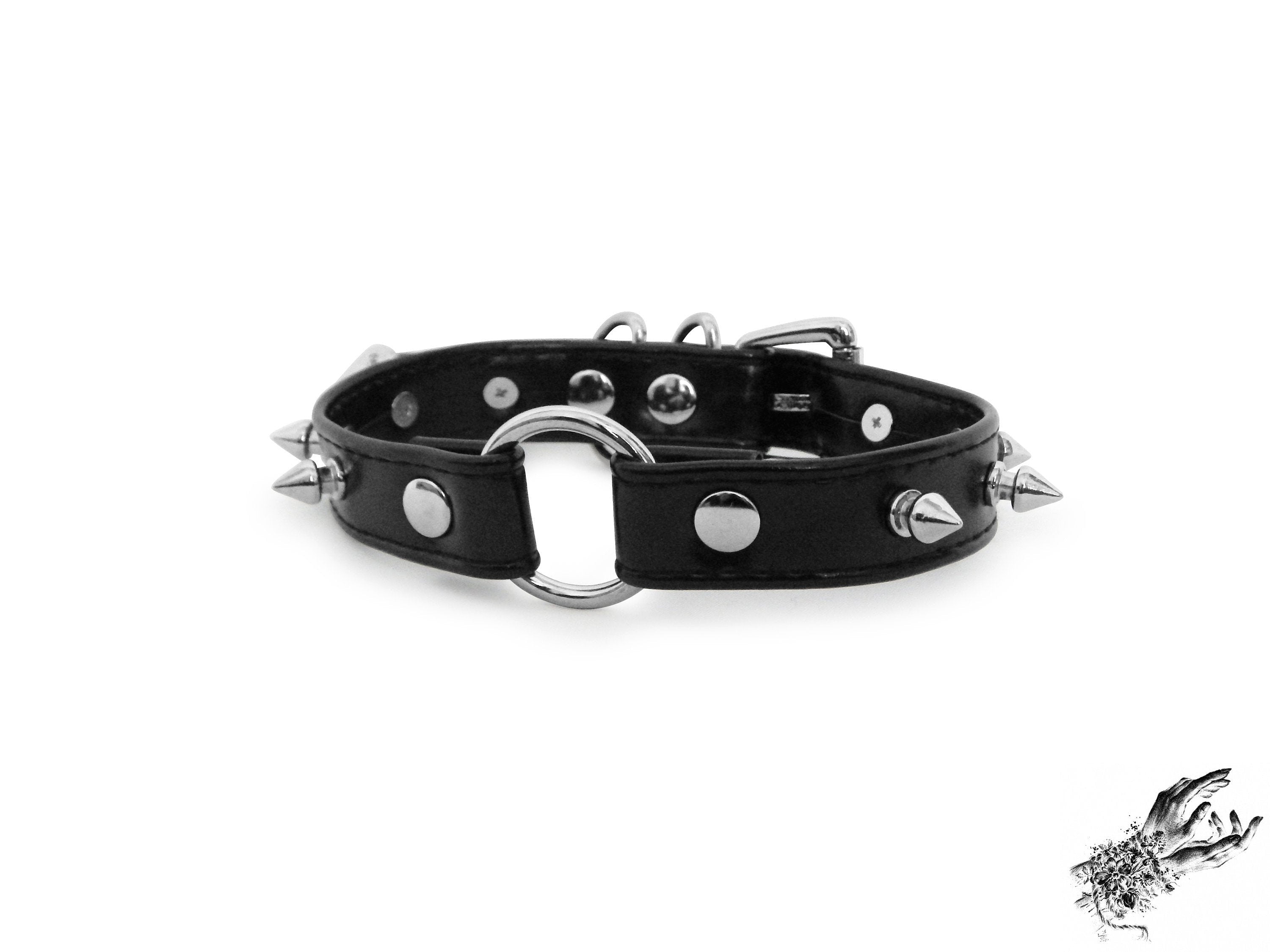 Black Faux Leather Studded O Ring Choker