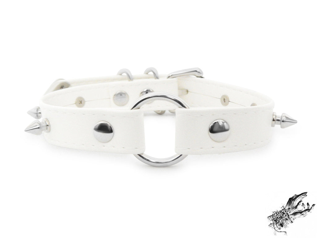 White Faux Leather Studded O Ring Choker