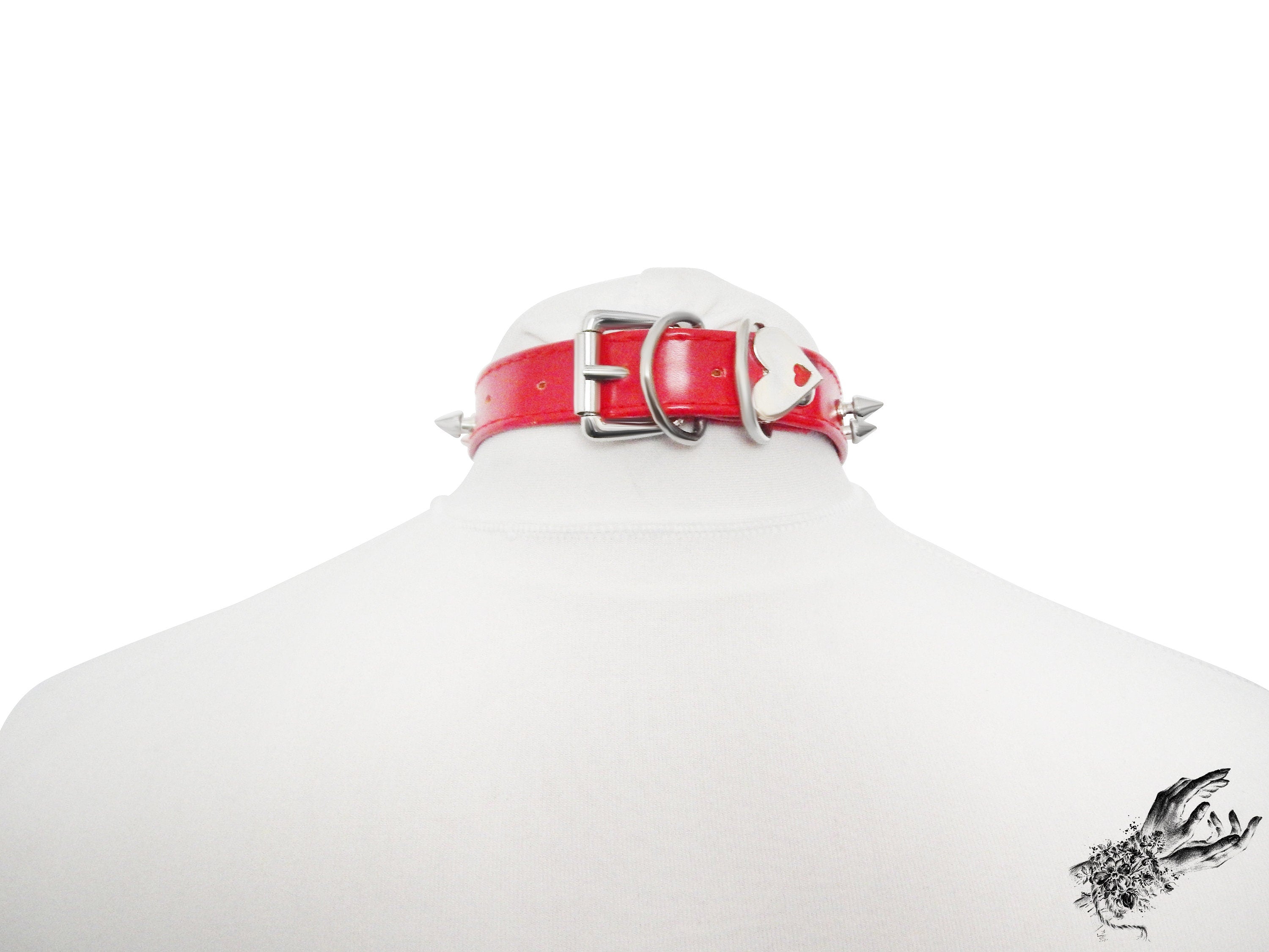 Red Faux Leather Studded O Ring Choker