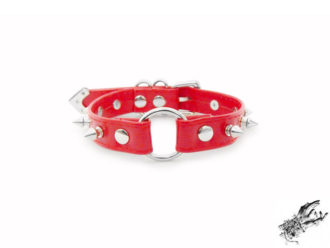 Red Faux Leather Studded O Ring Choker