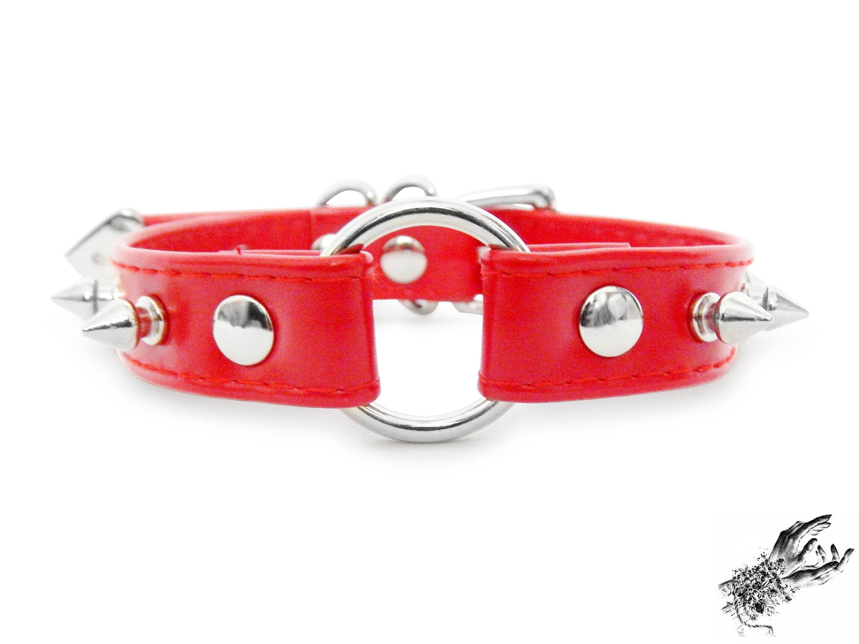 Red Faux Leather Studded O Ring Choker