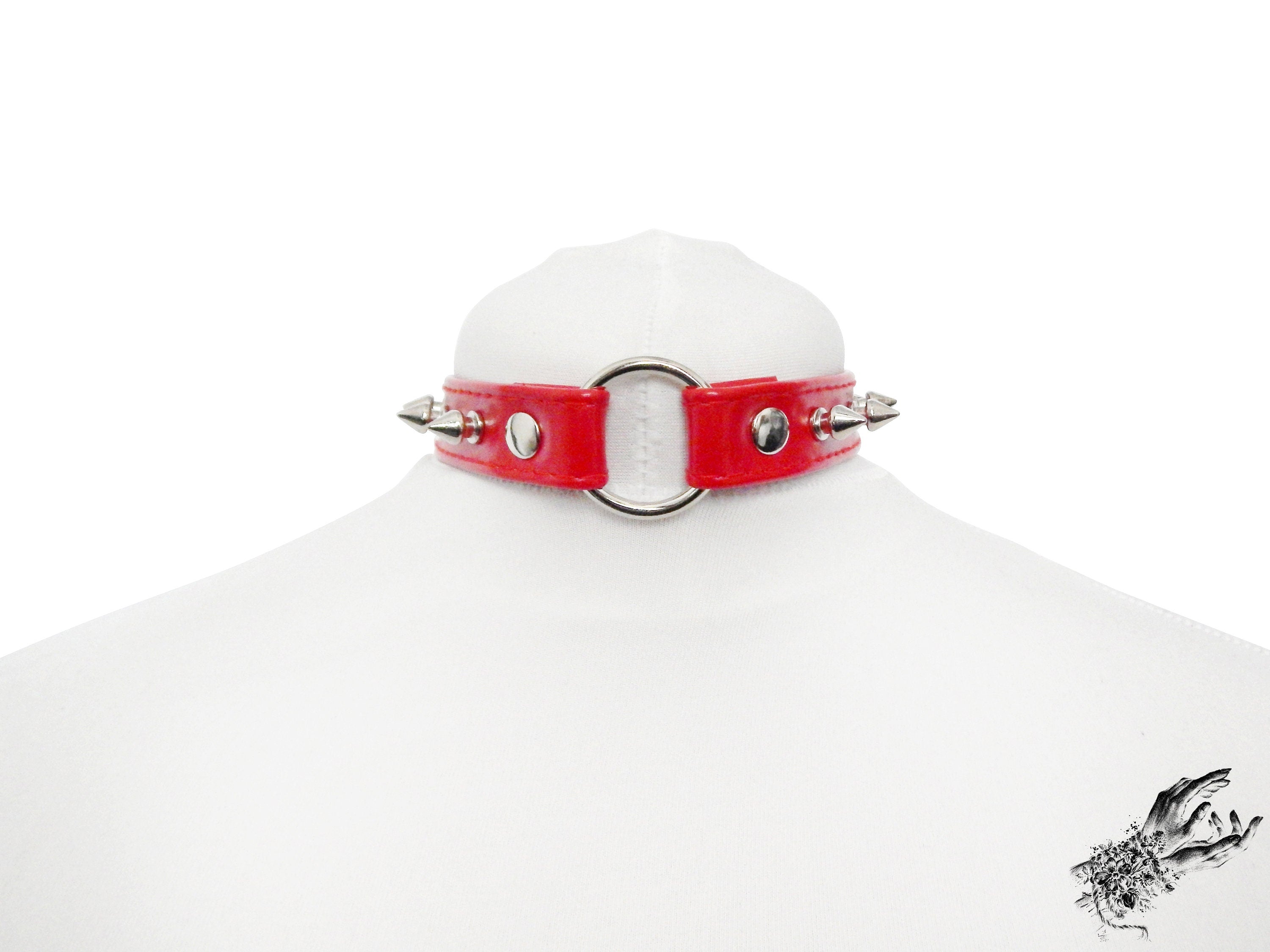 Red Faux Leather Studded O Ring Choker