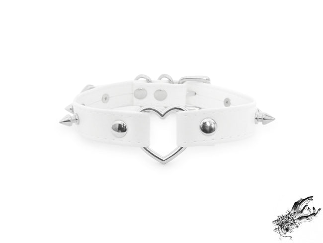 White Faux Leather Studded Heart Ring Choker