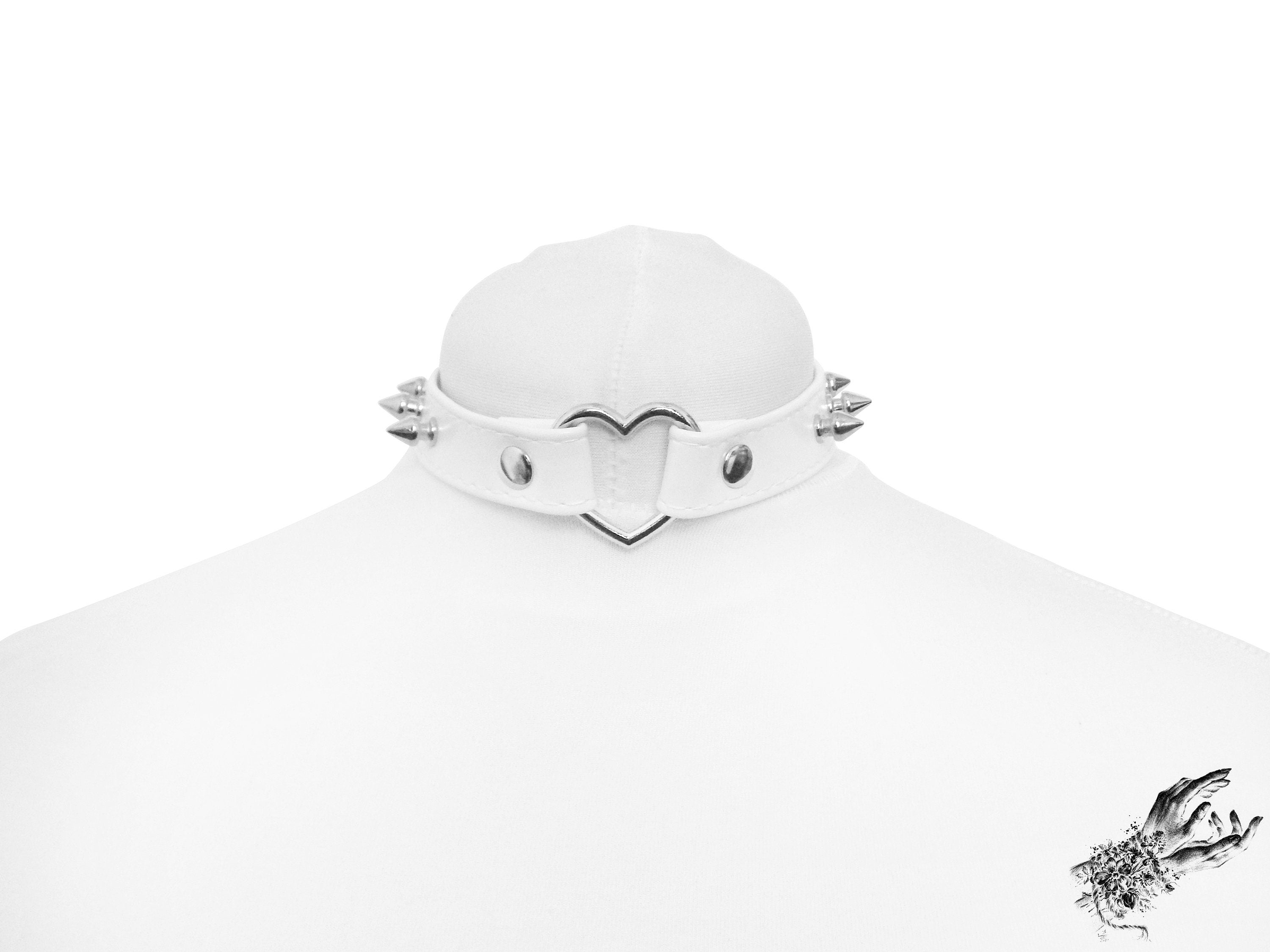White Faux Leather Studded Heart Ring Choker