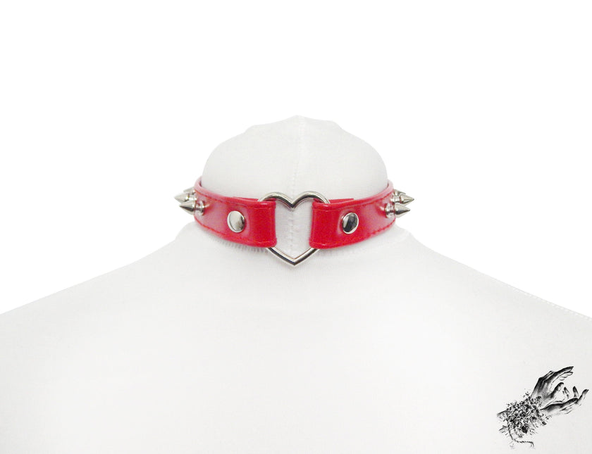 Red Faux Leather Studded Heart Ring Choker