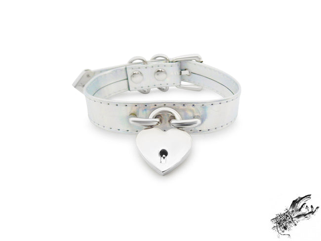 Holographic Silver Heart Padlock Choker