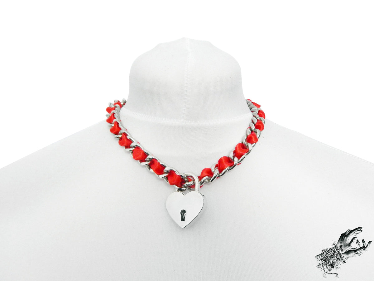Red Ribbon Chain and Heart Padlock Choker