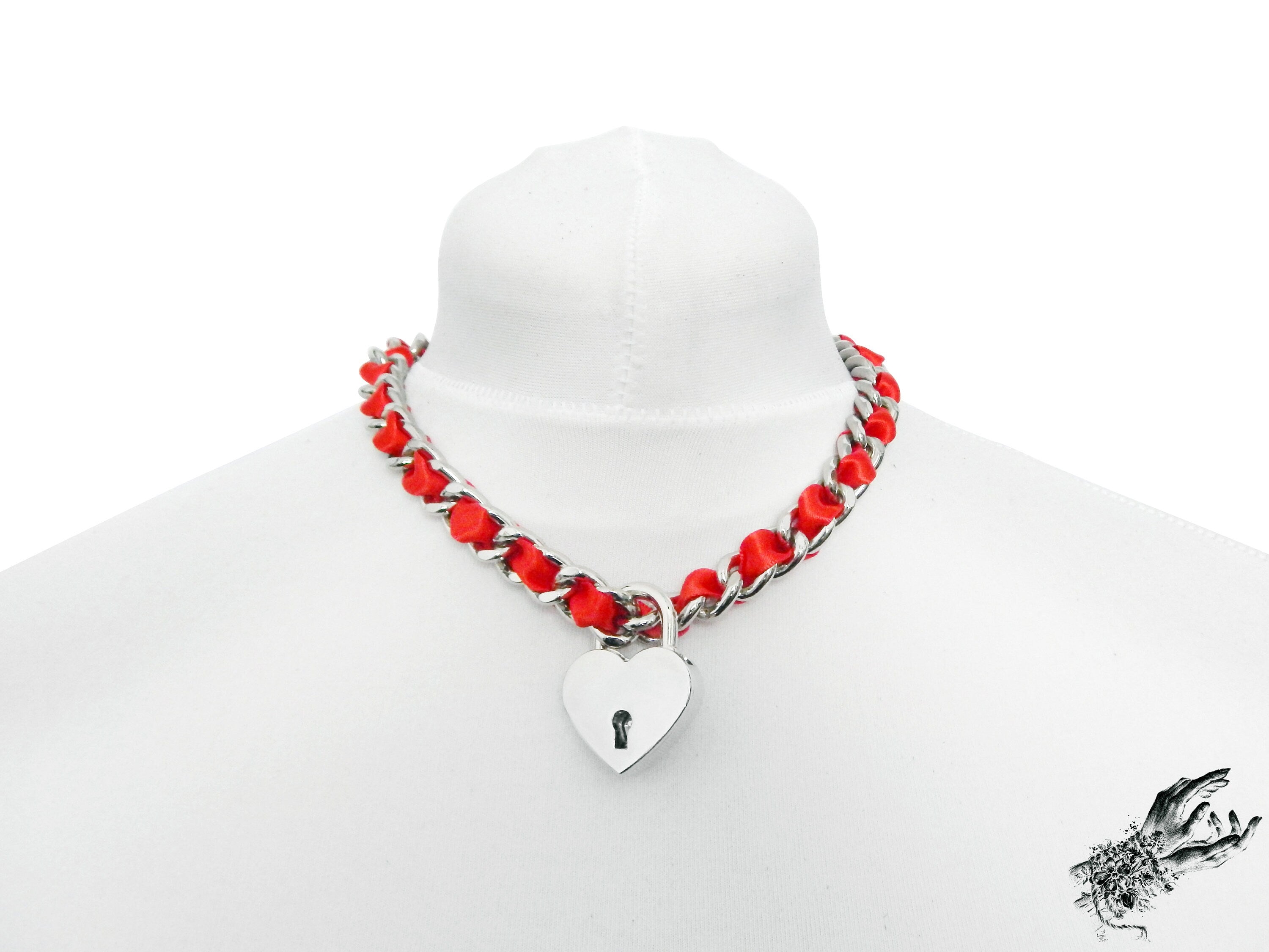 Red Ribbon Chain and Heart Padlock Choker