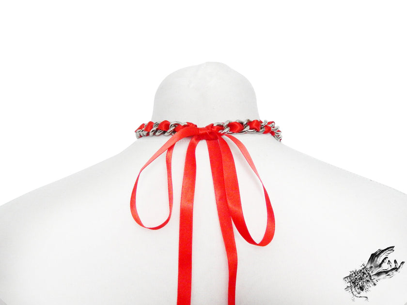 Red Ribbon Chain and Heart Padlock Choker