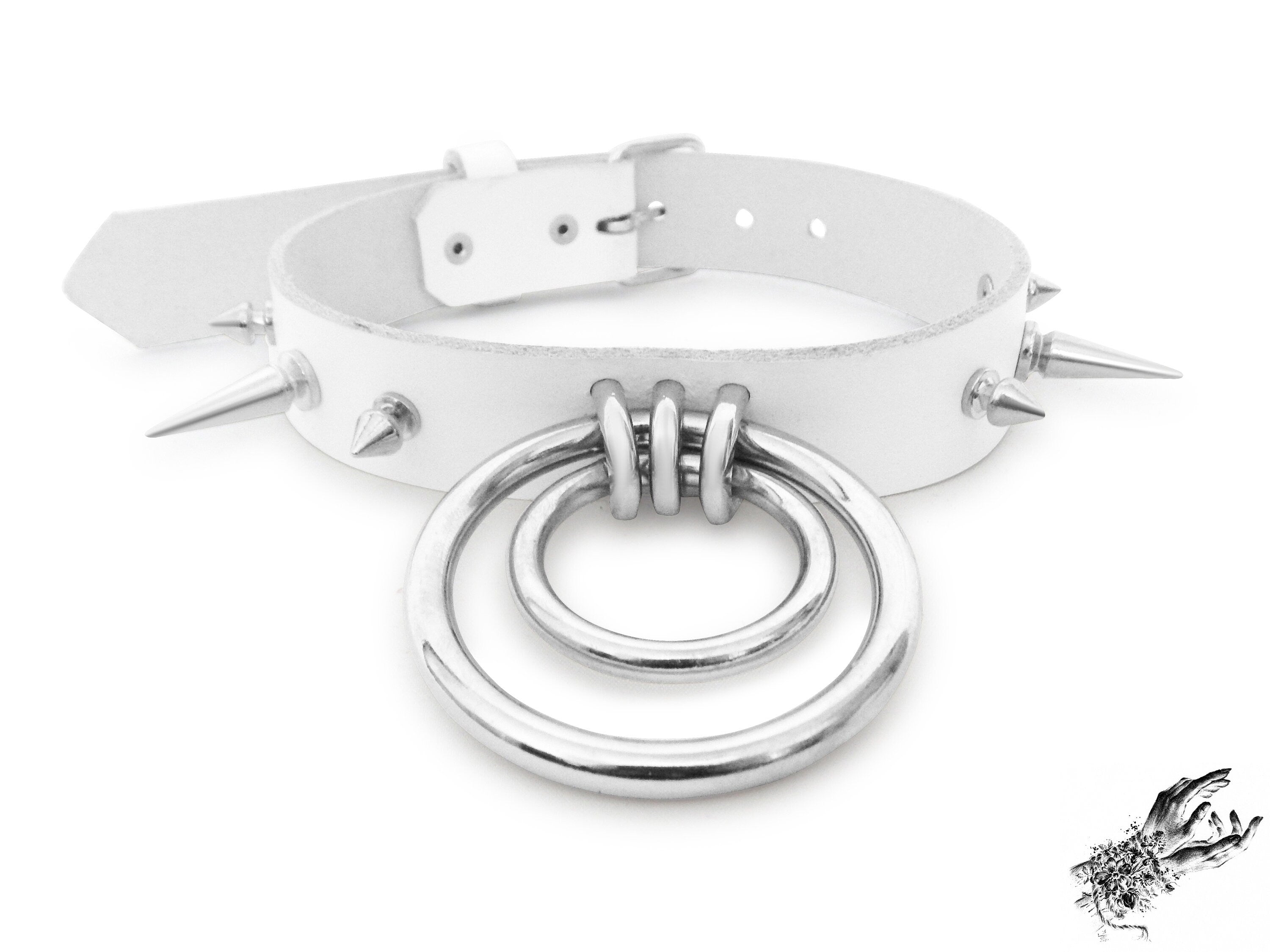 White Studded Double O Ring Choker (Long and Short Spikes)