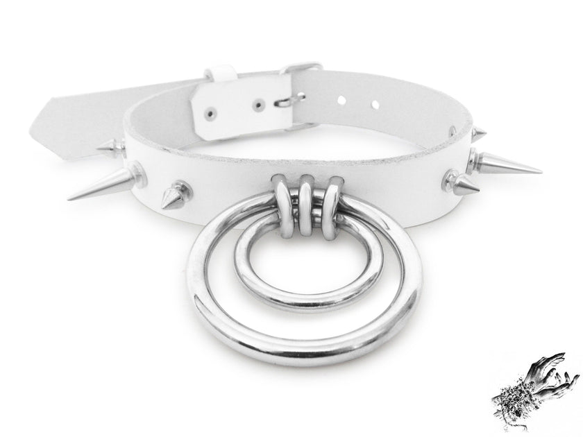 White Studded Double O Ring Choker (Long and Short Spikes)