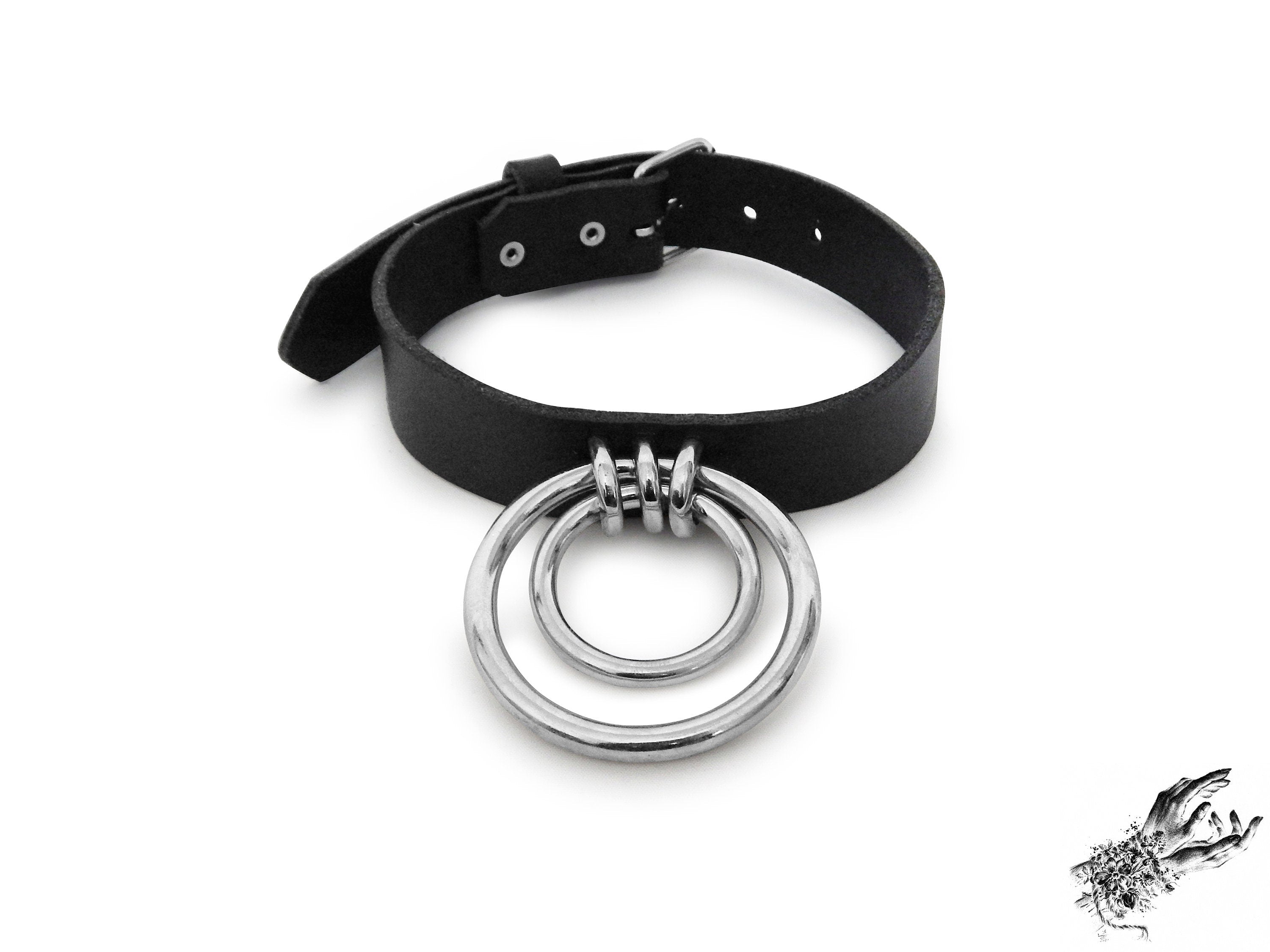 Black Leather Double O Ring Choker