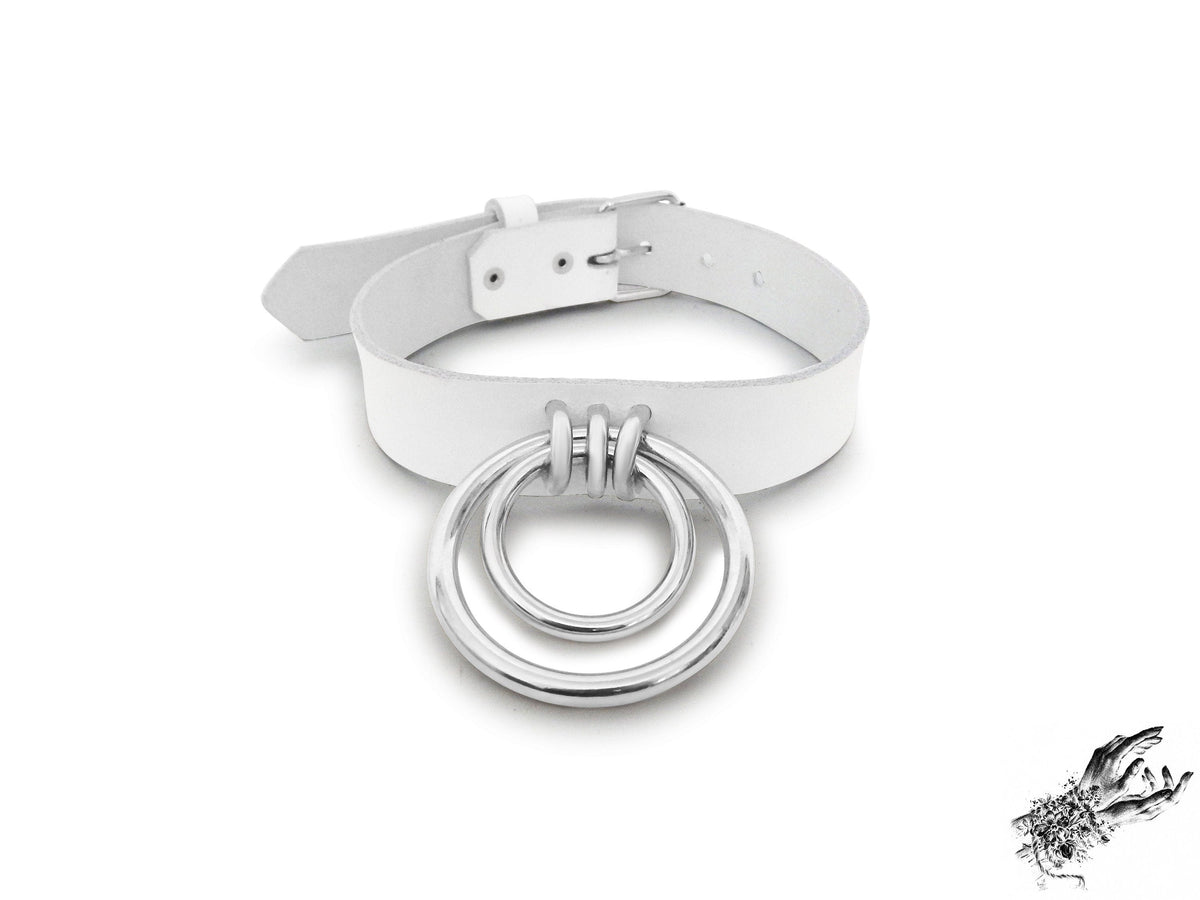 White Leather Double O Ring Choker