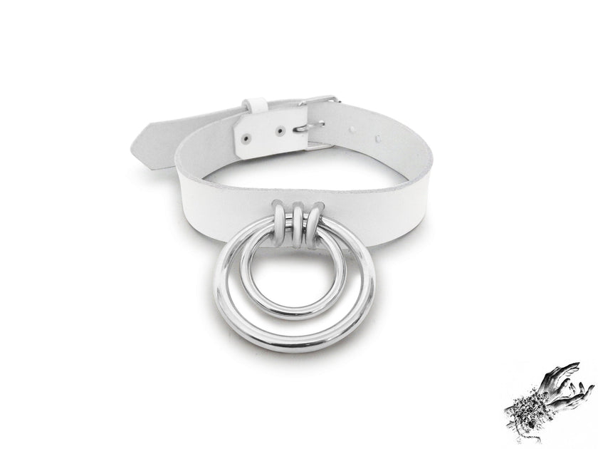 White Leather Double O Ring Choker