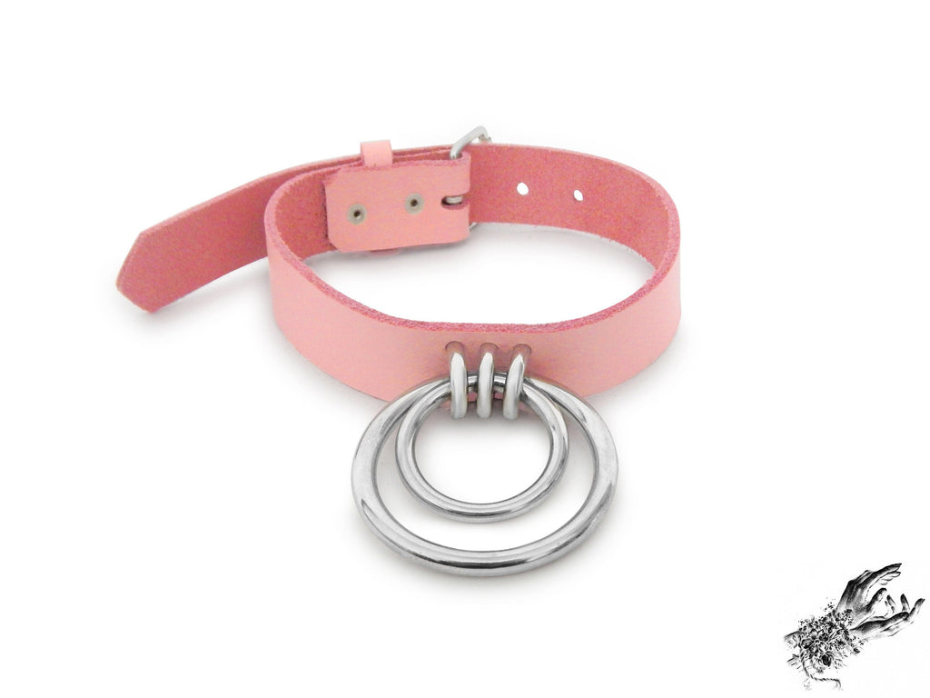 Pink Leather Double O Ring Choker
