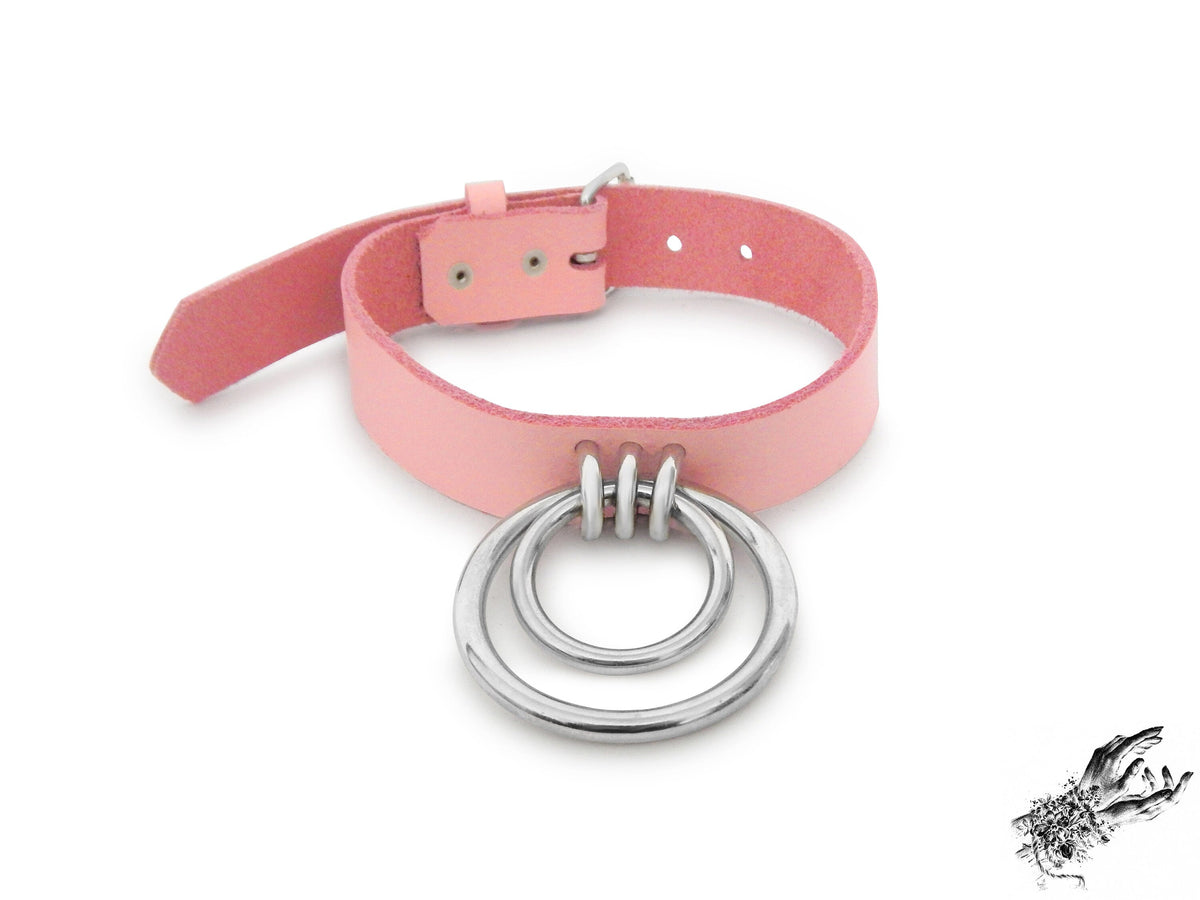 Pink Leather Double O Ring Choker