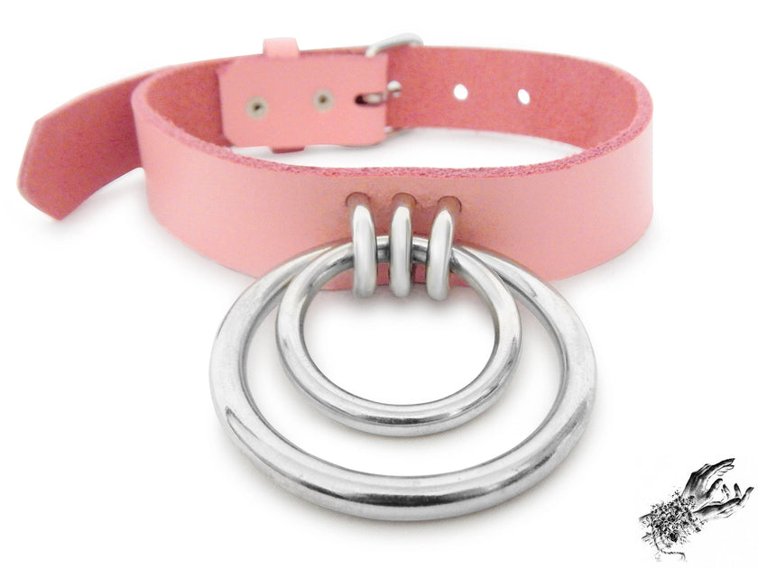Pink Leather Double O Ring Choker