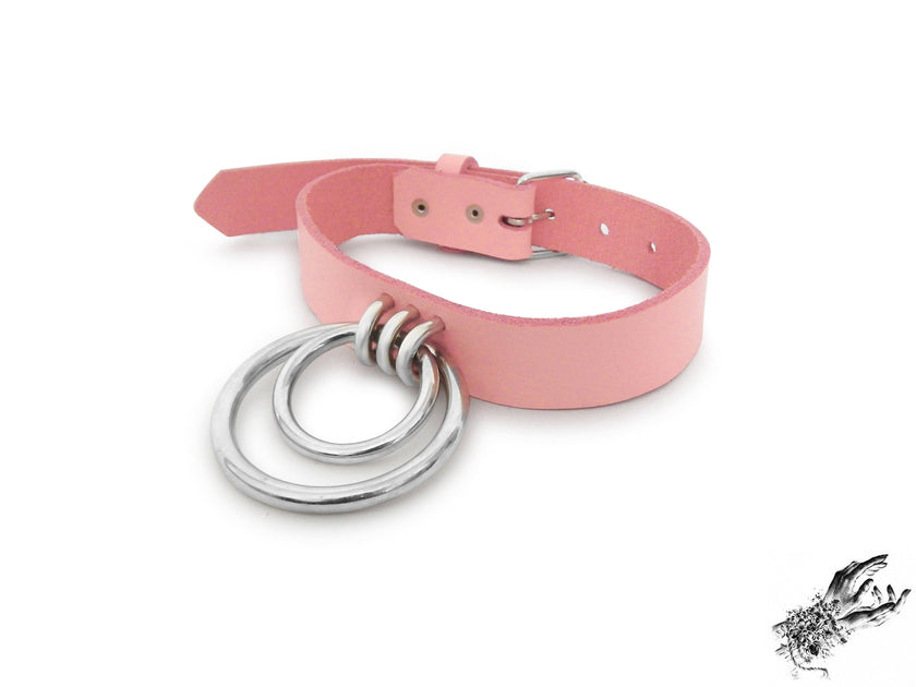 Pink Leather Double O Ring Choker