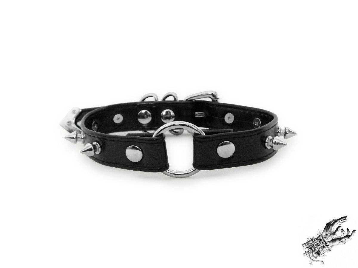 Black Faux Leather Studded O Ring Choker