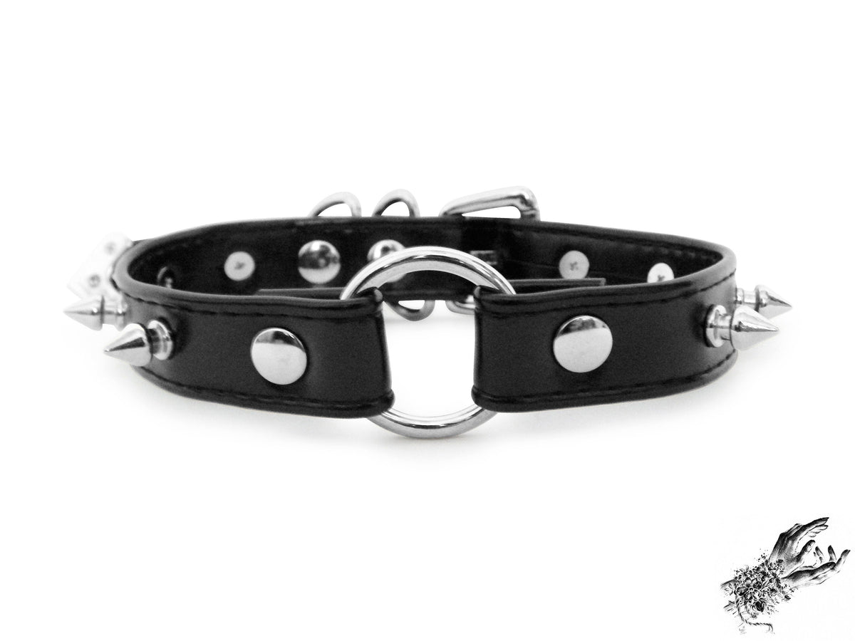 Black Faux Leather Studded O Ring Choker