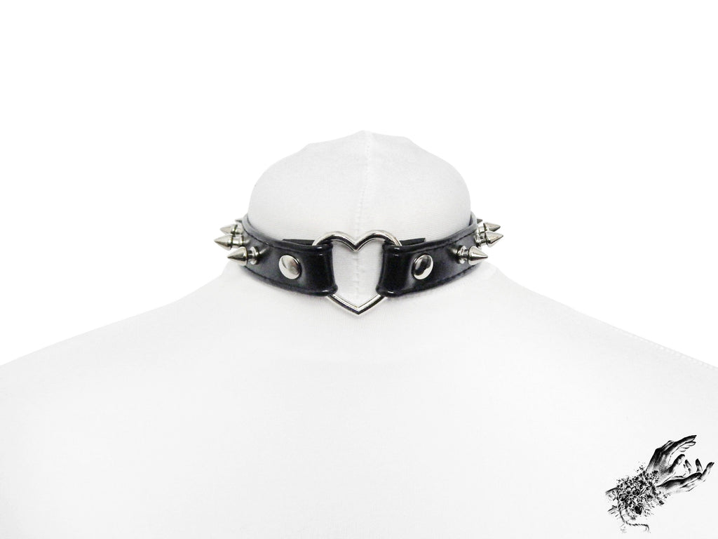 Black Faux Leather Studded Heart Ring Choker
